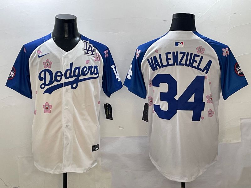 Men Los Angeles Dodgers #34 Valenzuela White Blue Sakura Edition 2025 Nike MLB Jersey style 8->los angeles dodgers->MLB Jersey
